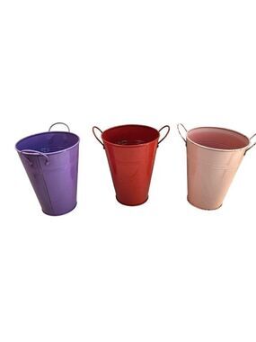 Set Of 3 Pink Red Purple Metal Vase Buckets With Handles